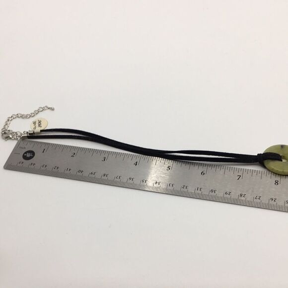 Olive Jade Disc Necklace on Black Suede Cord with silver tone hardware - Picture 9 of 16